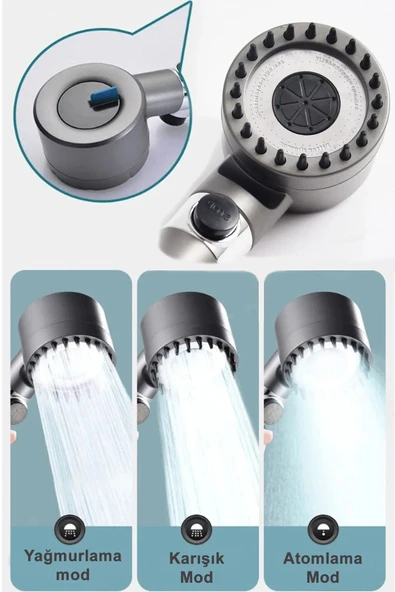 3 Fonksiyonlu Start Stop Tuşlu Filtreli Basınçlı Masaj Etkili Duş Başlığı - 4