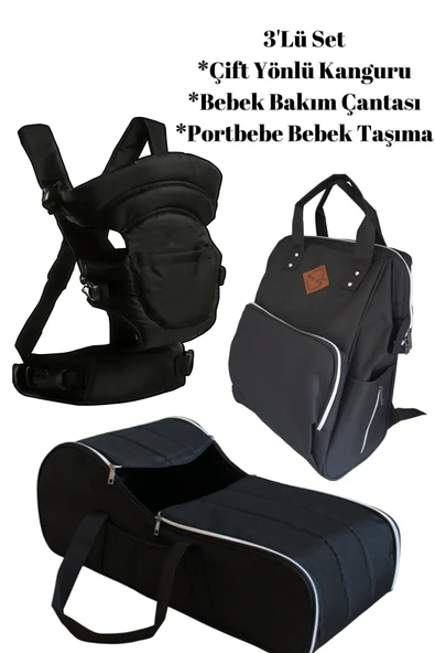 By-Ka Portbebe Ana Kucağı+ Çift Yönlü Bebek Taşıma Kanguru+ Anne Bebek Bakım Çantası 3' Lü Set Siyah