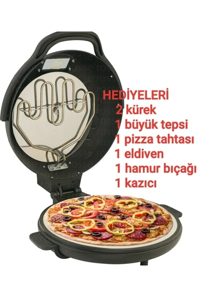 Rosse Camlı Doğal Pizza Taş Fırını 7 Parca Hediyeli Siyah