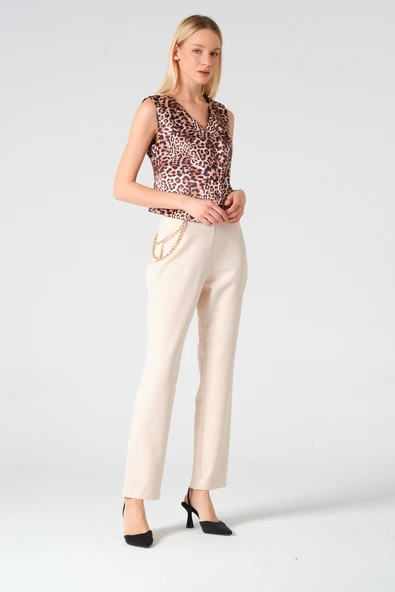 Zincir Aksesuarlı Pantolon Bej - 5