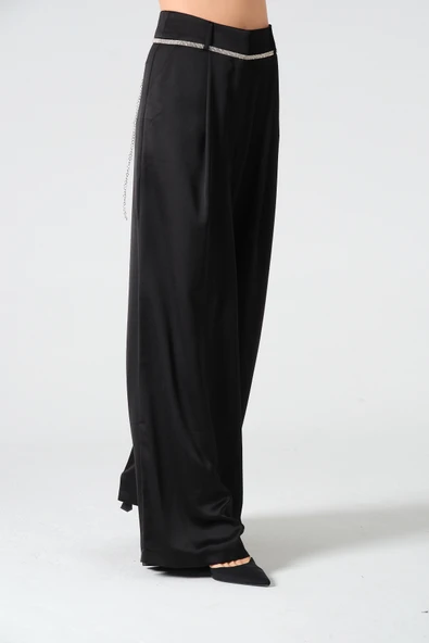 Taş Kemerli Saten Pantolon Siyah - 8