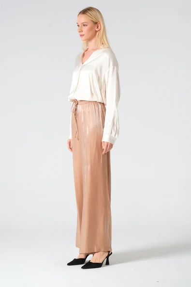 Bel Lastikli Parlak Pantolon Camel - 5