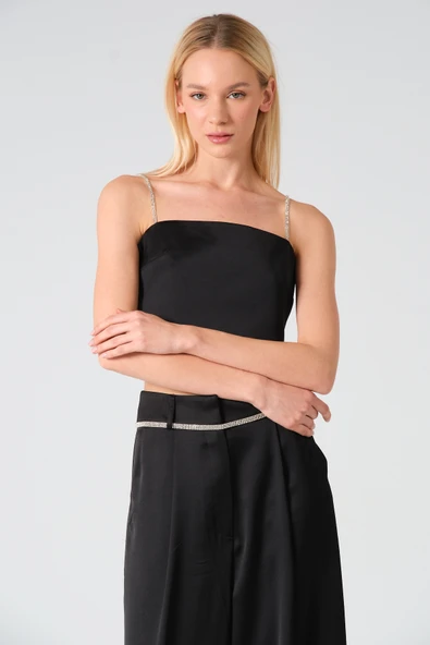 Taş Askılı Saten Crop Bluz Siyah - 4