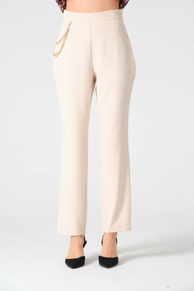 Zincir Aksesuarlı Pantolon Bej - 7