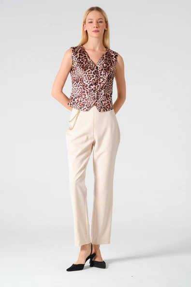 Zincir Aksesuarlı Pantolon Bej - 4