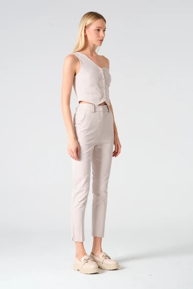 Slim Fit Yüksek Bel Pantolon Taş - 3