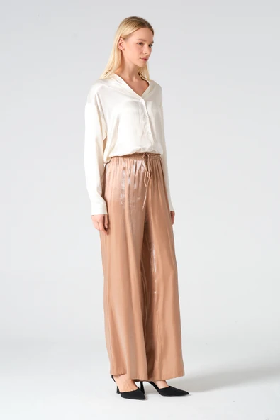 Bel Lastikli Parlak Pantolon Camel - 4