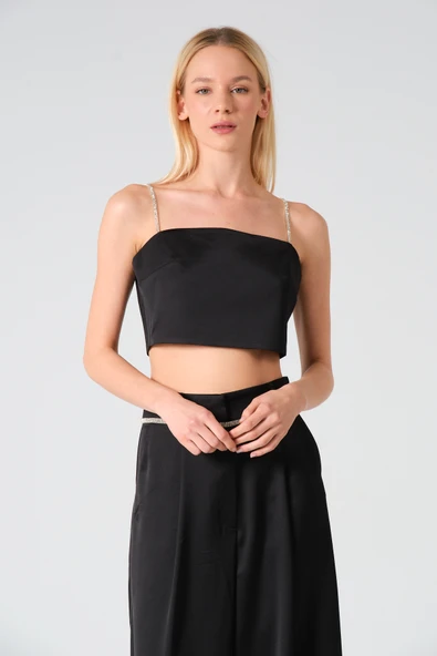 Taş Askılı Saten Crop Bluz Siyah - 3