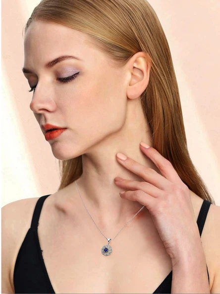 Kraliyet Çiçeği Safir Taşlı Kadın Gümüş Kolye - Resim 2