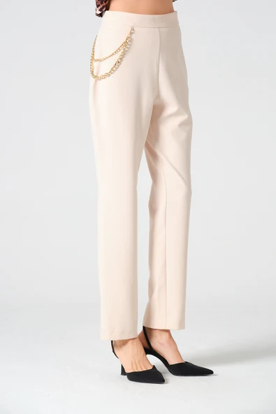 Zincir Aksesuarlı Pantolon Bej - 8
