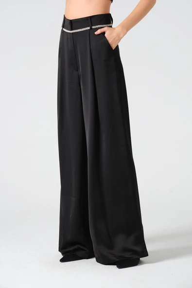 Taş Kemerli Saten Pantolon Siyah - 9