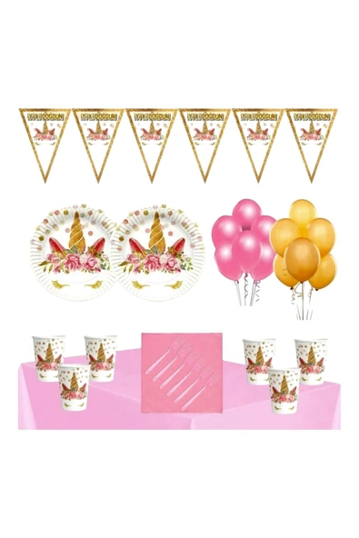 Unicorn Doğum Günü Seti -Tabak -Bardak - İyiki Doğdun flama -çatal 10 adet balon seti