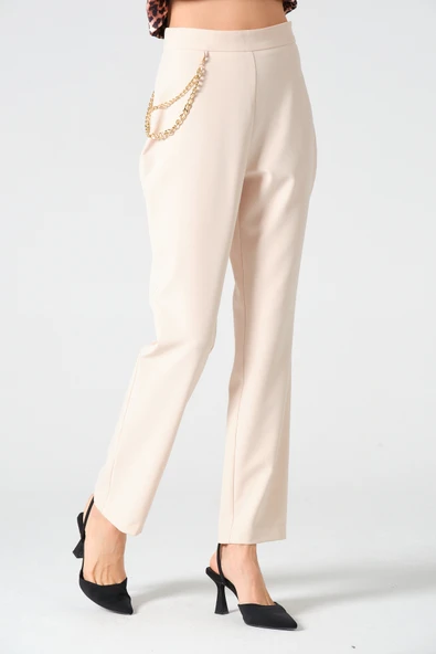 Zincir Aksesuarlı Pantolon Bej - 9