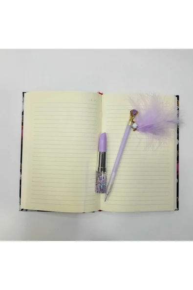 MOR yazılı sözlü sert kapak Hatıra Defteri Günlük Anı defteri taşlı tüylü kalem ve ruj kalem - 2