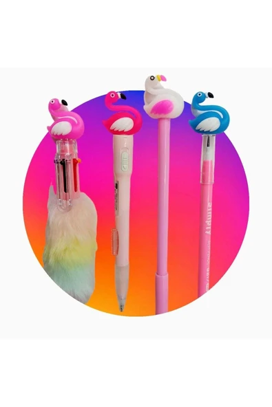 Süslü Hediyelik Flamingo Kurşun Kalemli 4 Lü Set Işıklı Kalem Seti - 2