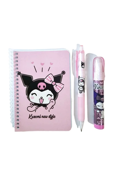 Kuromi Not Defteri + 07 Versatil Kalem + Yumurtlayan Roket Silgi Pembe Set ( 3 Parça ) Kromi