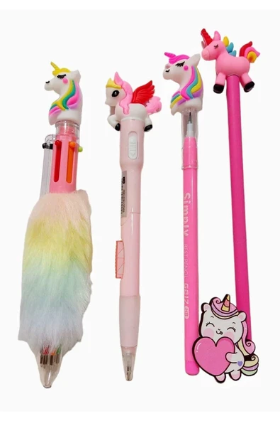 Hediyelik Unicorn Süslü Kalem Seti Tükenmez Yumurtlayan Işıklı Kurşun Kalem Unicorn Rozet Hediyeli