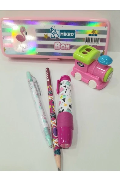 HEDİYELİK flamingo KALEMLİK TREN KALEMTRAŞ VE UNİCORN KURŞUN VE VERSATİL KALEM SETİ