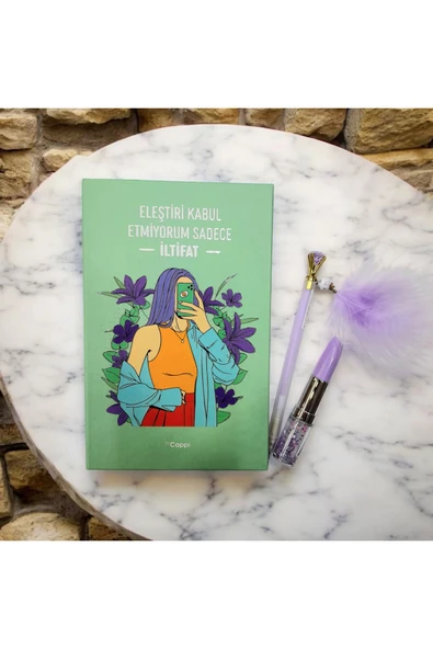 TURKUAZ yazılı sözlü sert kapak Hatıra Defteri Günlük Anı defteri taşlı tüylü kalem ve ruj kalem