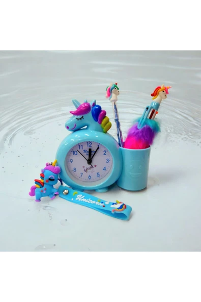 UNİCORN kalemlikli masa saati-UNİCORN tüylü kalem ve yumurtlayan kalem-unicorn anahtarlık seti - 2