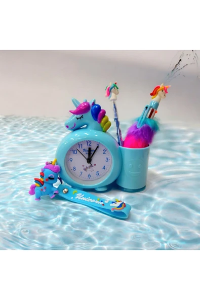 UNİCORN kalemlikli masa saati-UNİCORN tüylü kalem ve yumurtlayan kalem-unicorn anahtarlık seti