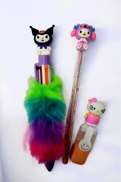 Kuromi peluş tükenmez kalem,sanrio yumurtlayan kalem ve hello kitty fosforlu kalem seti kuromi  seti
