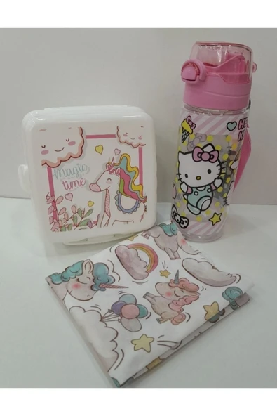 Lisanslı HELLO KITTYPlastik Matara-UNİCORN Beslenme Kabı-UNİCORN Besleneme Örtüsü
