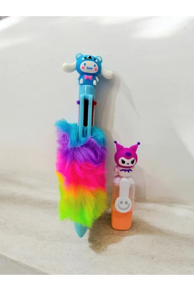 1 adet  kuromi peluş tükenmez kalem -1 ADET kuromi fosforlu kalem hediyeli set
