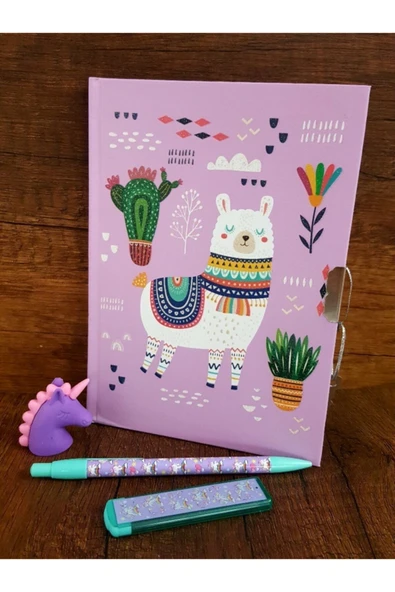 Lama Kilitli Hatıra Defteri-unicorn Versatil Kalem ,unicorn Uç, Unicorn Silgi Seti