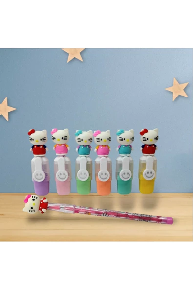HELLO KITTY  6  lı çantalı fosforlu kalem seti yumurtlayan kalem hediyeli - 2