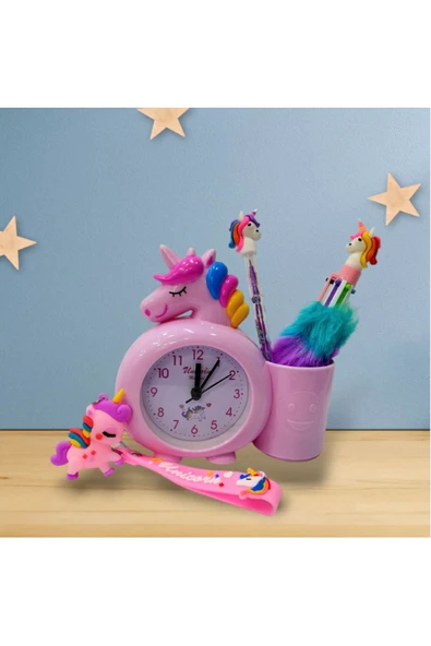 UNİCORN kalemlikli masa saati-UNİCORN tüylü kalem ve yumurtlayan kalem- anahtarlık PEMBE set - 4