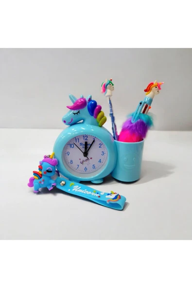 UNİCORN kalemlikli masa saati-UNİCORN tüylü kalem ve yumurtlayan kalem-unicorn anahtarlık seti - 3