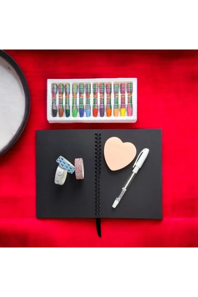 çilekhomeavm siyah defter-beyaz kalem - not kağıdı -pastel boya -renkli desenli bant seti - 2