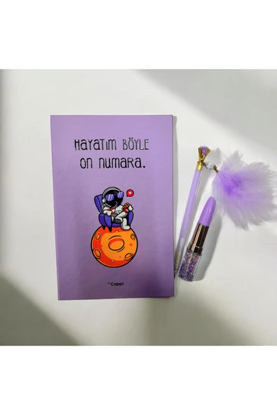 ASTRONOT yazılı sözlü sert kapak Hatıra Defteri Günlük Anı defteri taşlı tüylü kalem ve ruj kalem