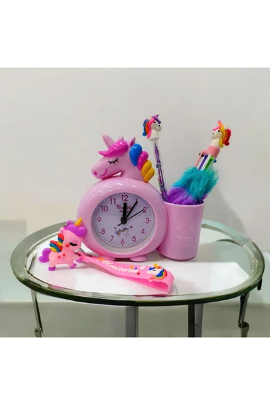 UNİCORN kalemlikli masa saati-UNİCORN tüylü kalem ve yumurtlayan kalem- anahtarlık PEMBE set - 3