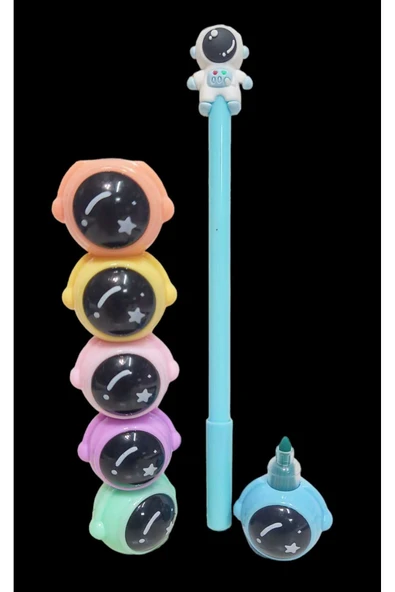 6 lı Astronot Fosforlu Kalem Jel Kalem Hediyeli Set