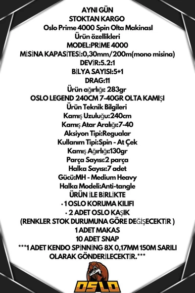 Oslo Prime 4000 Oslo Legend 240cm 7-40gr 8 Örgü Spin Olta Seti - Resim 2