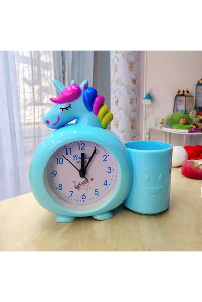 Çocuk odası için unicorn figürlü kalemlikli Masa Saati mavi - Resim 2