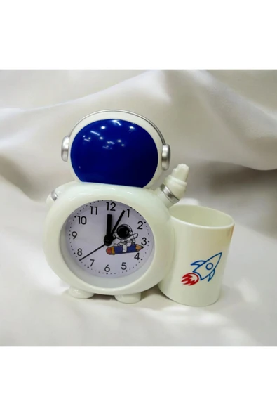 Astronot Kalemlikli 3d  Çalar Saat Alarmlı Masa Saati Çocuk Odası Mavi-kırmızı ürün görseli