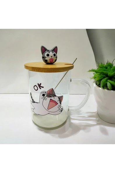 KEDİ  metal kaşıklı bambu kapaklı cam kupa -kapaklı cam bardak - 3