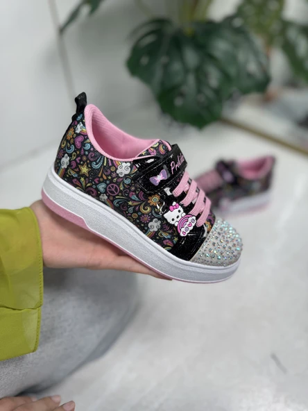 Günlük Kız Çocuk Sneaker Püskül Detaylı Oval Simli Burun Desenli Bağcıklı Cırtlı Spor Ayakkabı 4004