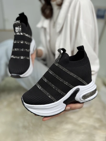 Günlük Triko Kadın Sneaker Gizli Topuk Taşlı Oval Burun Rahat Kalıp Nefes Alabilen Spor Ayakkabı 271