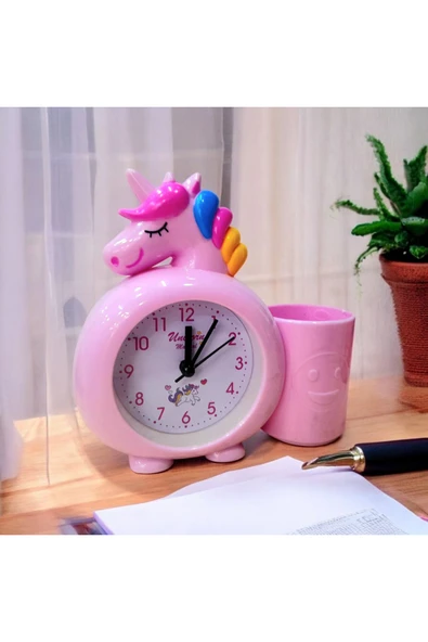 Çocuk odasi icin Unicorn figürlü kalemlikli Masa Saati - Resim 2