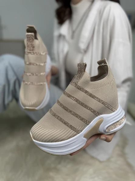 Günlük Triko Kadın Sneaker Gizli Topuk Taşlı Oval Burun Rahat Kalıp Nefes Alabilen Spor Ayakkabı 271 - 3