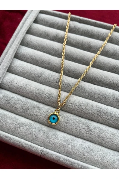 ulaşaksesuar  Gold Kaplama Hasır Burgu Zincir Mineli Nazar Gözü Kolye - 2