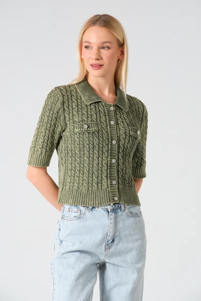 Polo Yaka Taş Düğmeli Soluk Efektli Triko Hırka - 6