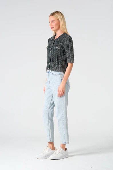 Polo Yaka Taş Düğmeli Soluk Efektli Triko Hırka - 12