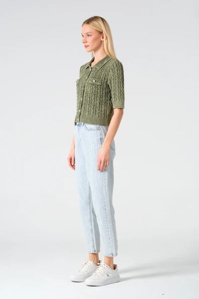 Polo Yaka Taş Düğmeli Soluk Efektli Triko Hırka - 2