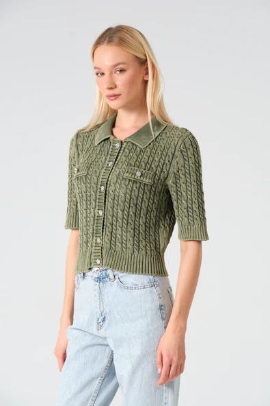 Polo Yaka Taş Düğmeli Soluk Efektli Triko Hırka - 8