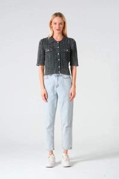 Polo Yaka Taş Düğmeli Soluk Efektli Triko Hırka - 11